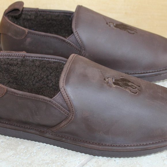 NIB MEN\'S POLO RALPH‎ LAUREN LEATHER SLIPPERS BROWN